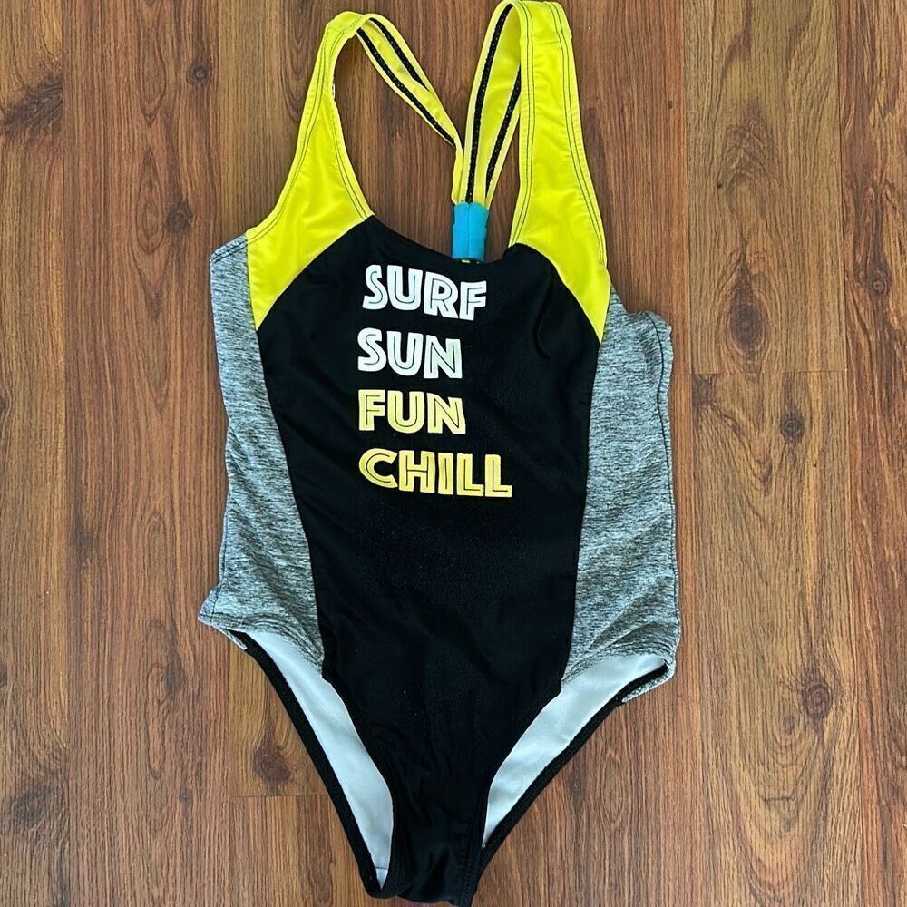 Big Chill gray and yellow surf sun fun chill one piece swimsuit bathing suit gir